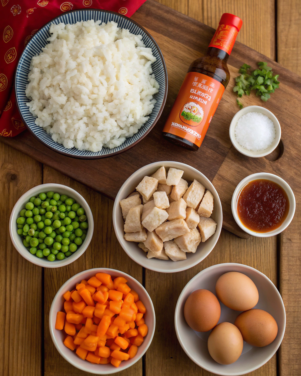 Bang Bang Chicken Fried Rice, fried rice recipe, bang bang sauce, crispy chicken, soy sauce, sesame oil ngredients