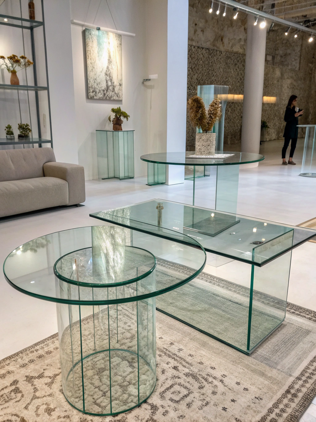 Elegant modern glass table top with geometric base design in a contemporary living room