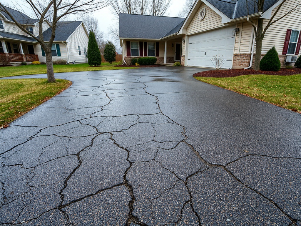 Cracked and faded residential asphalt driveway with patchwork repairs and water pooling showing clear signs of aging and in need of resurfacing.