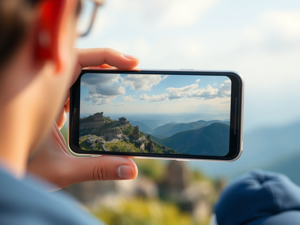 A close-up, realistic, high-quality shot of a smartphone camera setup, highlighting multiple lenses and advanced features, with a blurred urban background, symbolizing advanced mobile photography.