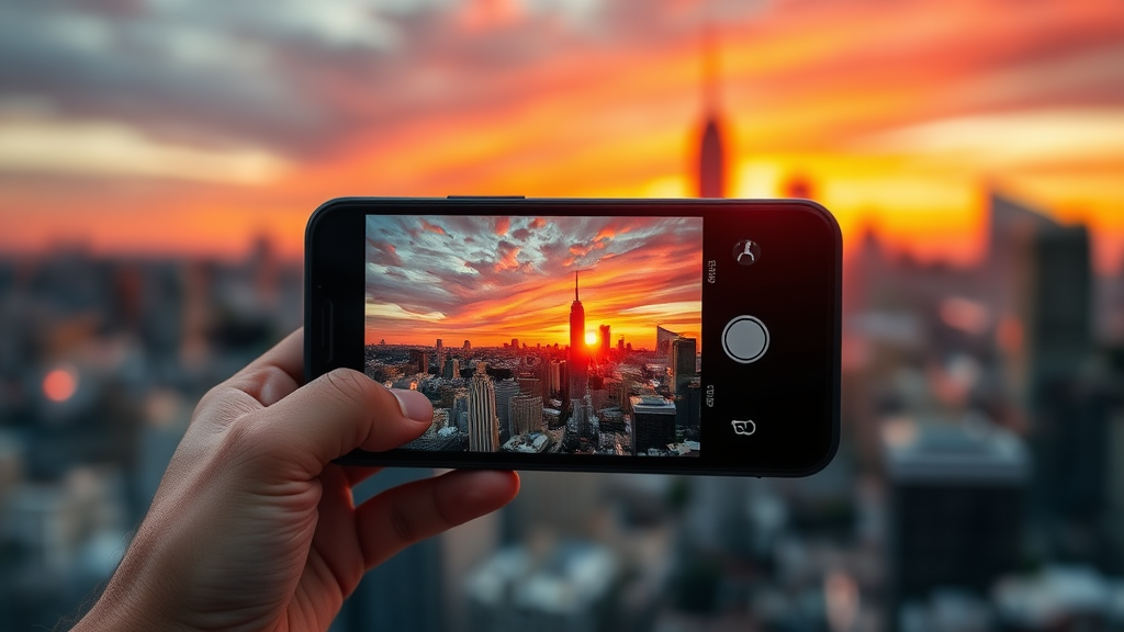 تصویری واقع‌گرایانه و باکیفیت از یک گوشی هوشمند مدرن که در حال ثبت منظره‌ای از شهر در غروب آفتاب است، با تاکید بر لنز دوربین و پالت رنگی طبیعی و زیبا، مرتبط با smartphone news