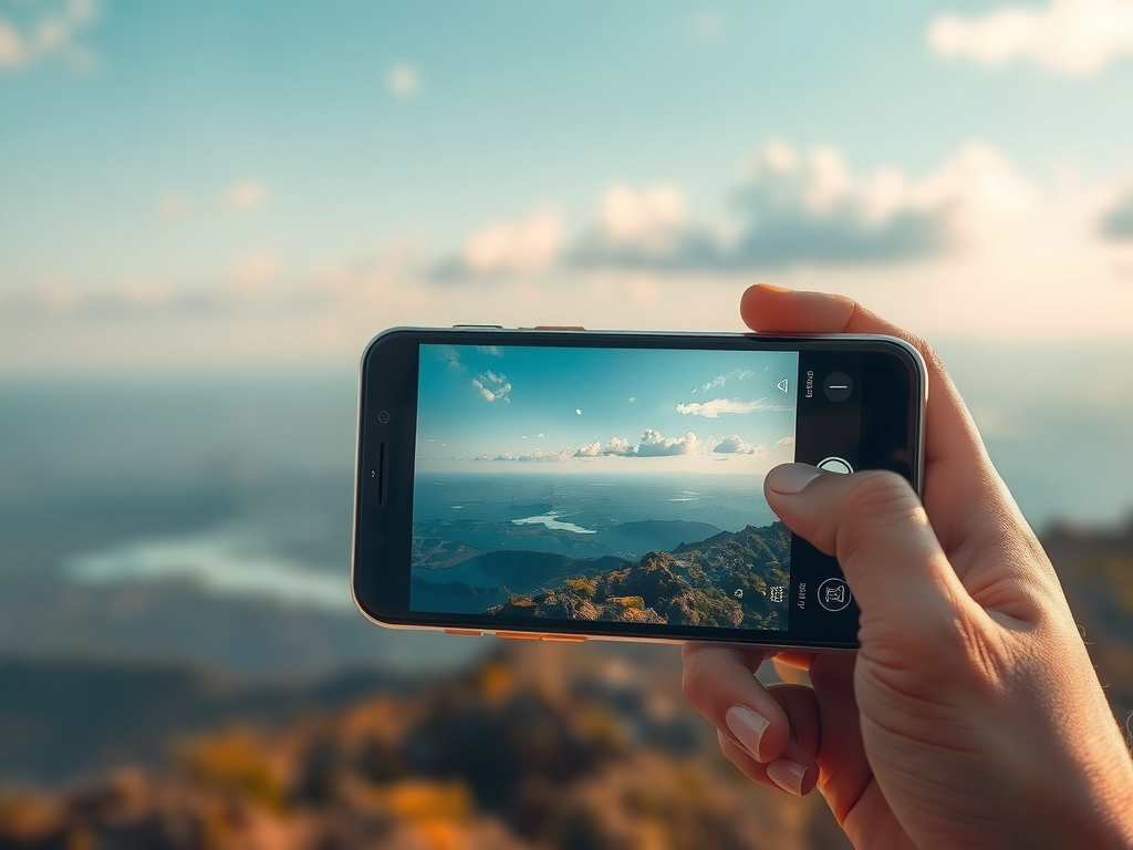 تصویری واقعی و با کیفیت بالا از فردی که تلفن هوشمند در دست دارد و در حال عکاسی از یک منظره هنری است، با تمرکز بر گوشی و نمای دیدنی. این تصویر باید خلاقیت و قدرت عکاسی موبایل را منتقل کند. این یک نمونه عالی از عکاسی موبایل است.