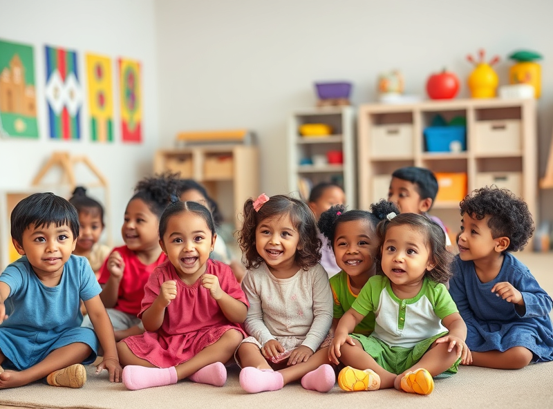 A diverse group of children engage in playful learning activities at a vibrant daycare center, emphasizing the significance of equal access to quality education and care.