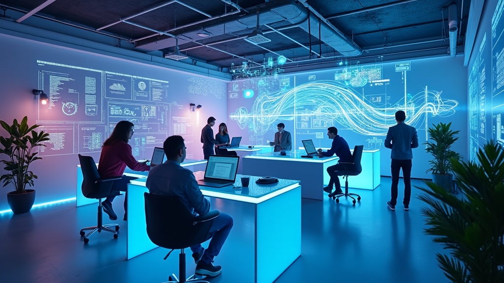 Ilustración conceptual de la IA transformación empresarial sin código simplificando procesos de negocio complejos.