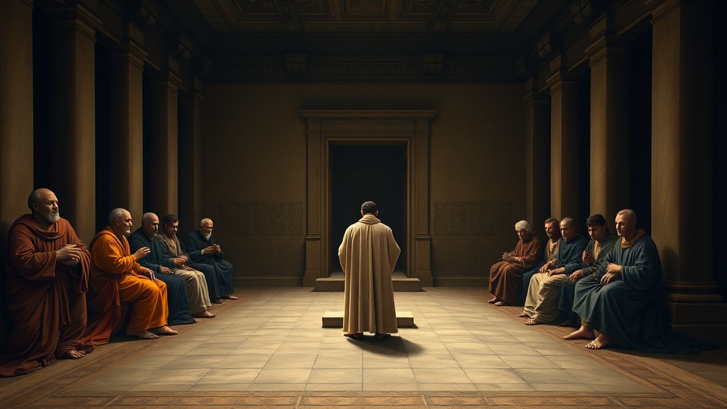 고전적인 공적 심의 장면을 연상시키는 성찰적 회의실 풍경