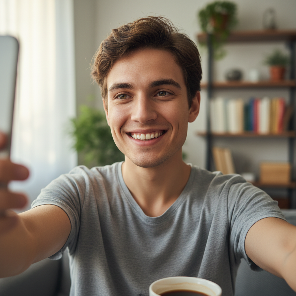 A selfie of a person in a casual t-shirt.