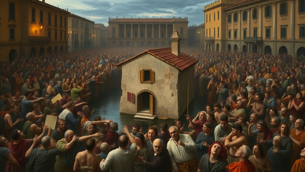 르네상스풍 광장에 몰린 군중과 반지하 빌라를 묘사한 그림
