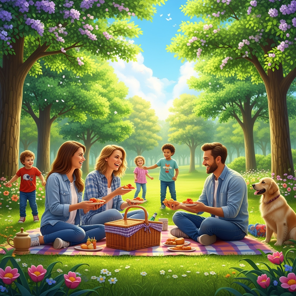 A family enjoying a picnic in a sunny park.