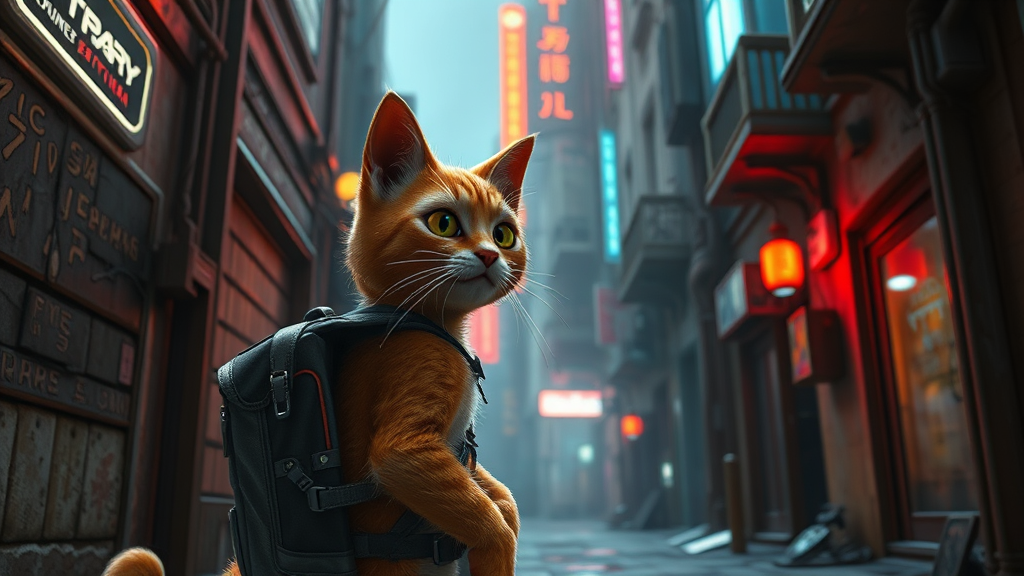 تصویر یک گربه زنجبیلی از بازی Stray با کوله‌پشتی کوچک در حال کاوش در کوچه‌ای سایبرپانک با نورهای نئونی، همراه با ساختمان‌های فرسوده و منابع نوری ظریف. Stray Nintendo Switch