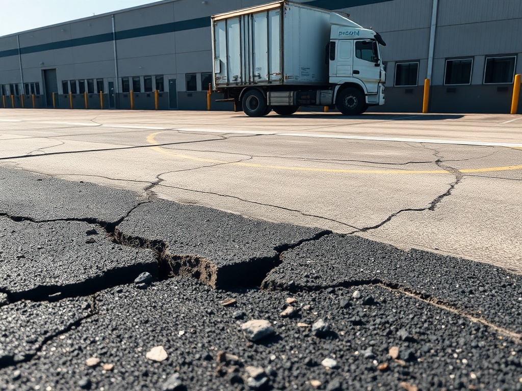 Damaged asphalt edges in a commercial loading zone with a delivery truck causing visible pavement cracks and crumbling