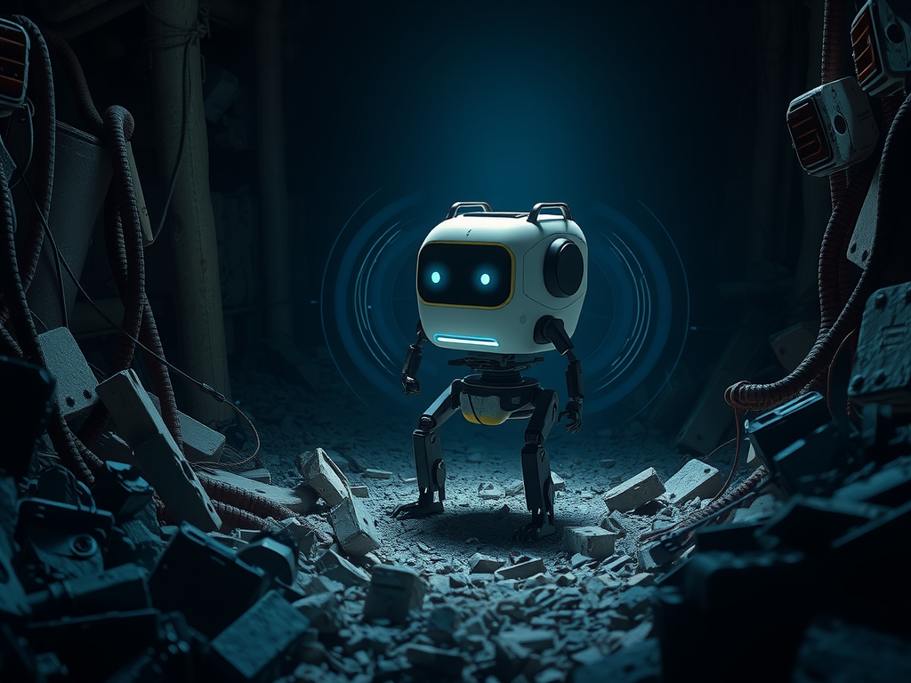 A small, advanced robot emitting sound waves to navigate a dark, rubble-filled environment, searching for a lost person, demonstrating RobotRescue capabilities.