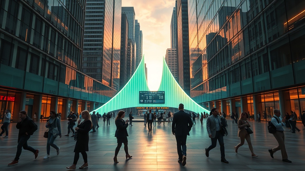 도심 광장과 사람들이 이동하는 현대적 영상미 장면