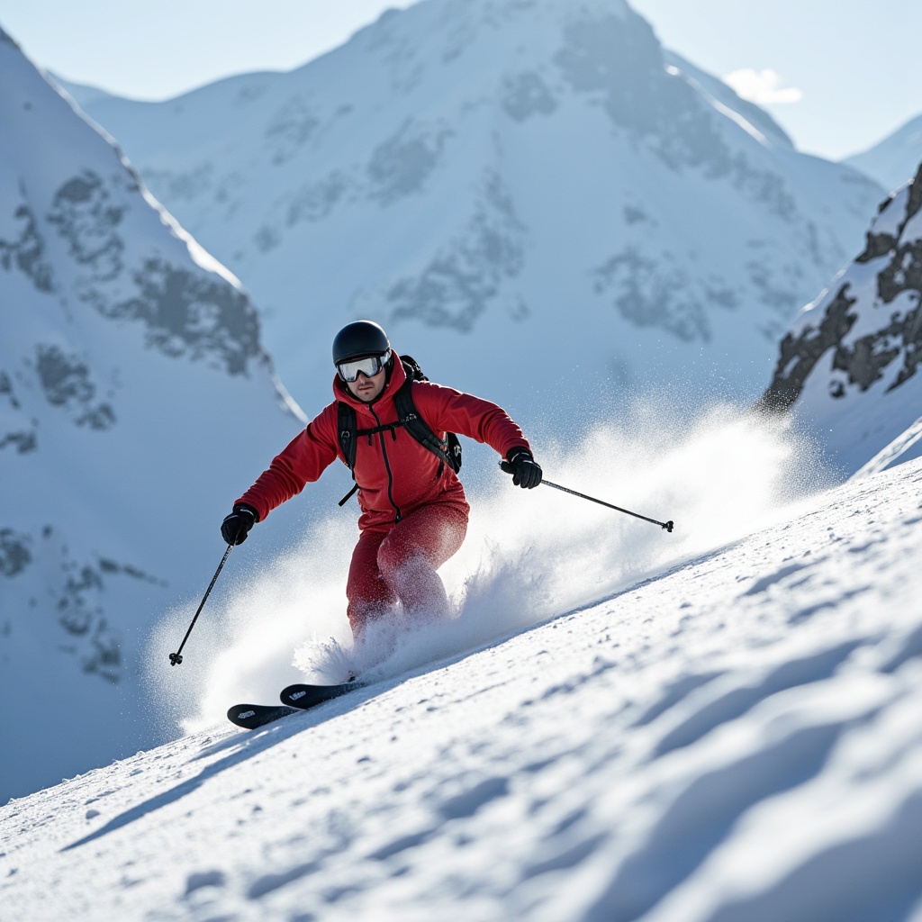 Dynamic skiing shot of Adam on snow-covered slope