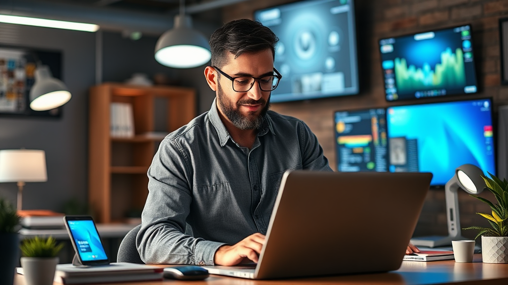 صاحب کسب و کار کوچک در حال استفاده از راهکارهای تکنولوژی هوشمند در دفتر کار خود، از جمله نمایشگرهای هوشمند و لپ تاپ کارآمد، نشان دهنده تاثیر اخبار تکنولوژی بر کسب و کارها