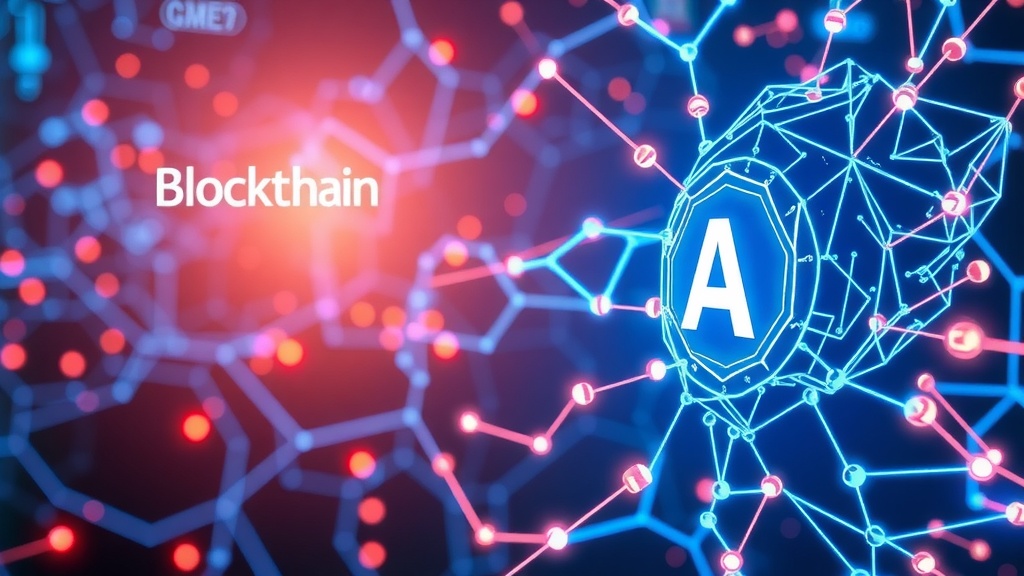 صحنه‌ای آینده‌نگرانه که ادغام بلاکچین و هوش مصنوعی را نشان می‌دهد، با جریان‌های داده درخشان که یک دفتر کل غیرمتمرکز و یک رابط هوش مصنوعی آینده‌نگر را در بلاکچین در کسب‌وکار به هم متصل می‌کنند.