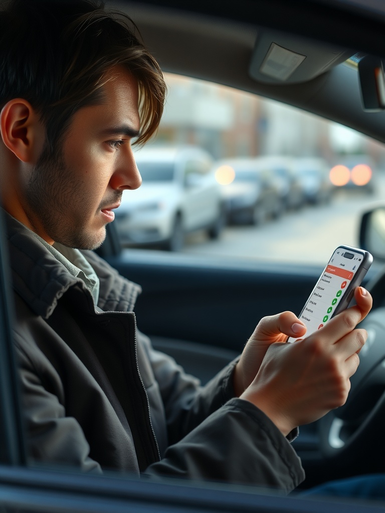 فردی که با اضطراب به گوشی خود نگاه میکند تا مشخصات راننده را قبل از ورود به خودروی اوبر بررسی کند، نشاندهنده اهمیت اقدامات ایمنی شخصی برای امنیت سفر.
