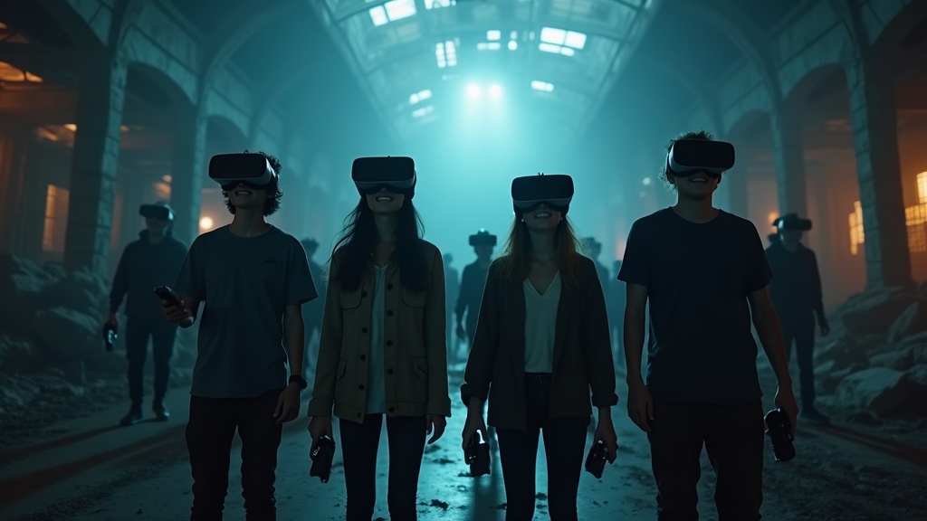 Grupo de amigos colaborando en la experiencia zombie realidad virtual Barcelona de Virtua