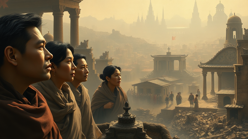 한국 전쟁 후 폐허에서 시작된 재건과 희망을 묘사한 장면