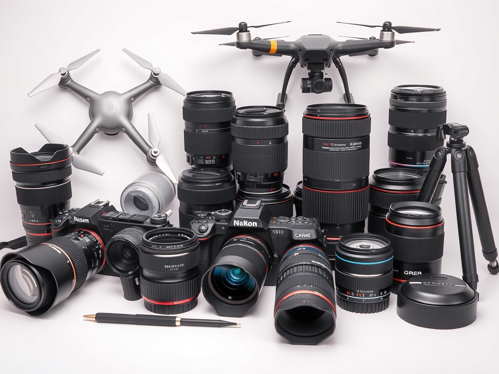 تصویری از تجهیزات عکاسی متنوع شامل دوربین‌های بدون آینه و DSLR، لنزها و لوازم جانبی که برای نقد و بررسی تجهیزات عکاسی استفاده می‌شوند.