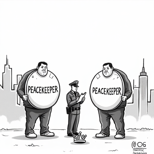 Police interrogate two armed men at protest. single-panel cartoon