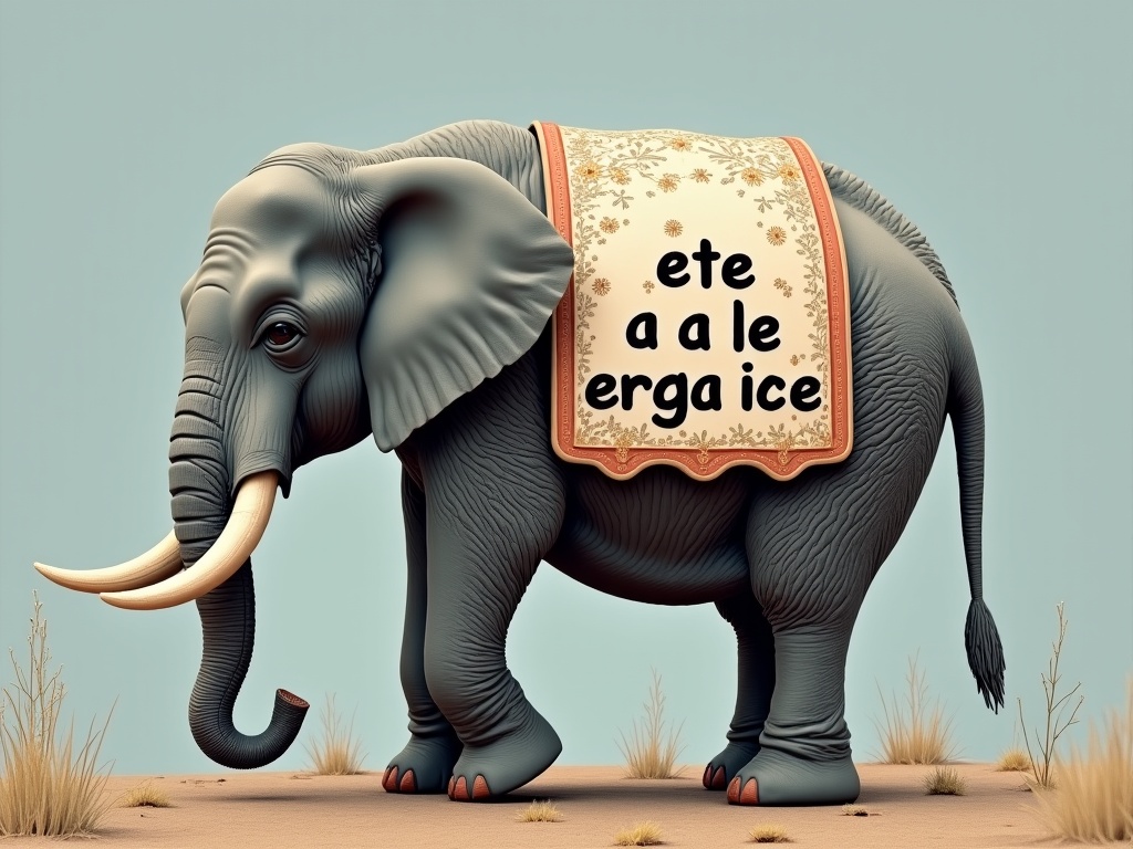 an elephant that has a sign that says "ete a le erga ice"
