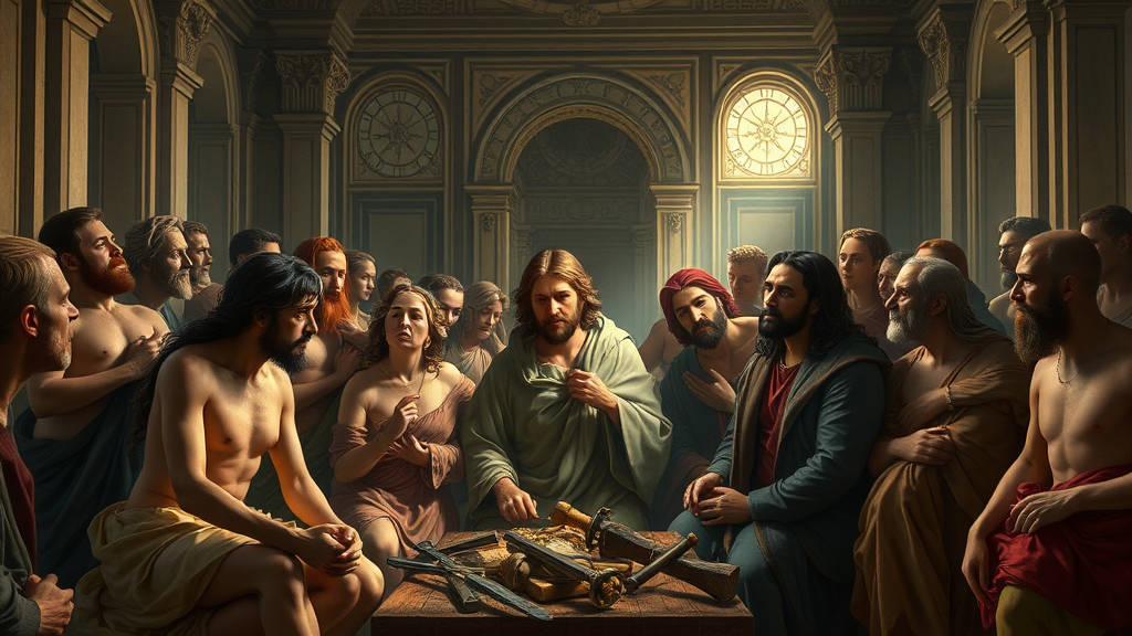 경제적 도전과 신앙 응용을 상징하는 종교적 장면