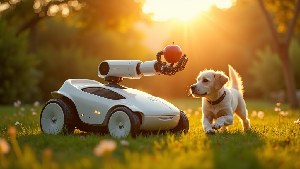 Concepto del Robot jardinero NexLawn Master X mostrando su brazo robótico extendido en un jardín.