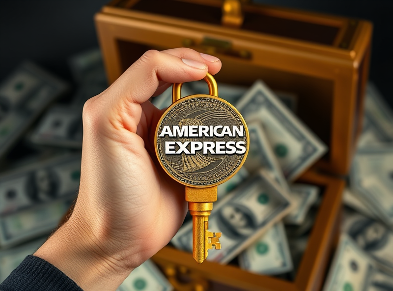 A hand holding a golden key shaped like the American Express logo, unlocking a treasure chest filled with money. Represent access to wealth through an iconic brand. Exclusive and valuable feeling.