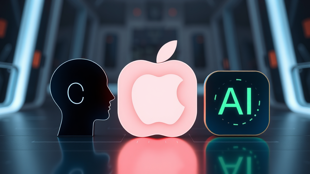 تصویری واقع‌گرایانه و باکیفیت که پیشرفت‌های هوش مصنوعی اپل را نشان می‌دهد، با نمایش انتزاعی سیری، هوش اپل و آیکون‌های برنامه با برچسب‌های هوش مصنوعی، در پس‌زمینه‌ای از فناوری مدرن و شیک. (اخبار تکنولوژی)