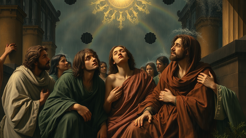 폭우 가운데 희망을 상징하는 종교적 장면