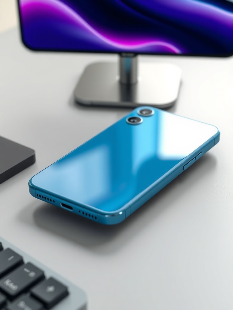 تصویر رندر شده از آیفون ۱۷ پرو در رنگ آبی آسمانی جدید روی میز مدرن