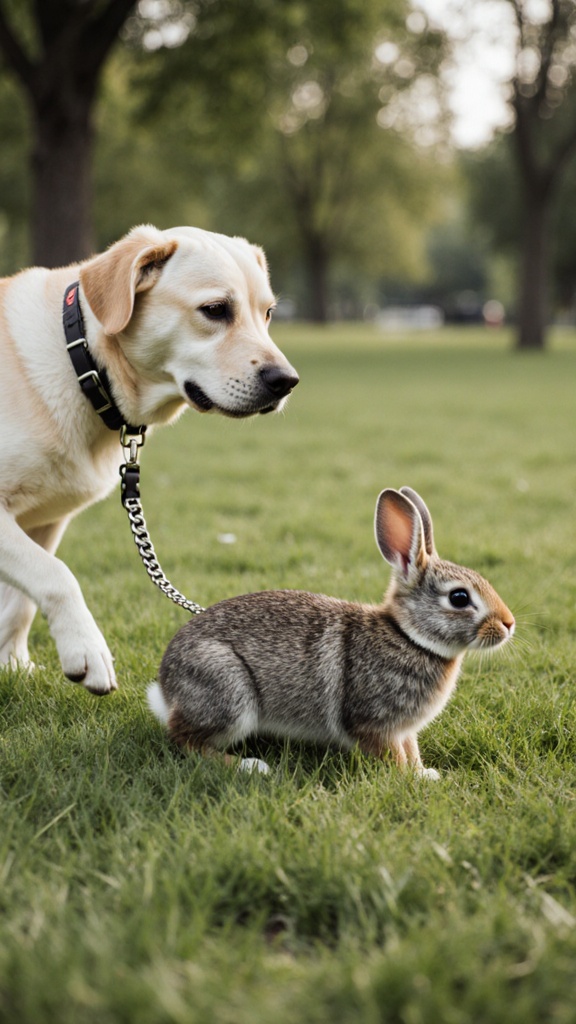 a rabbit walking in the park with a dog on a colla