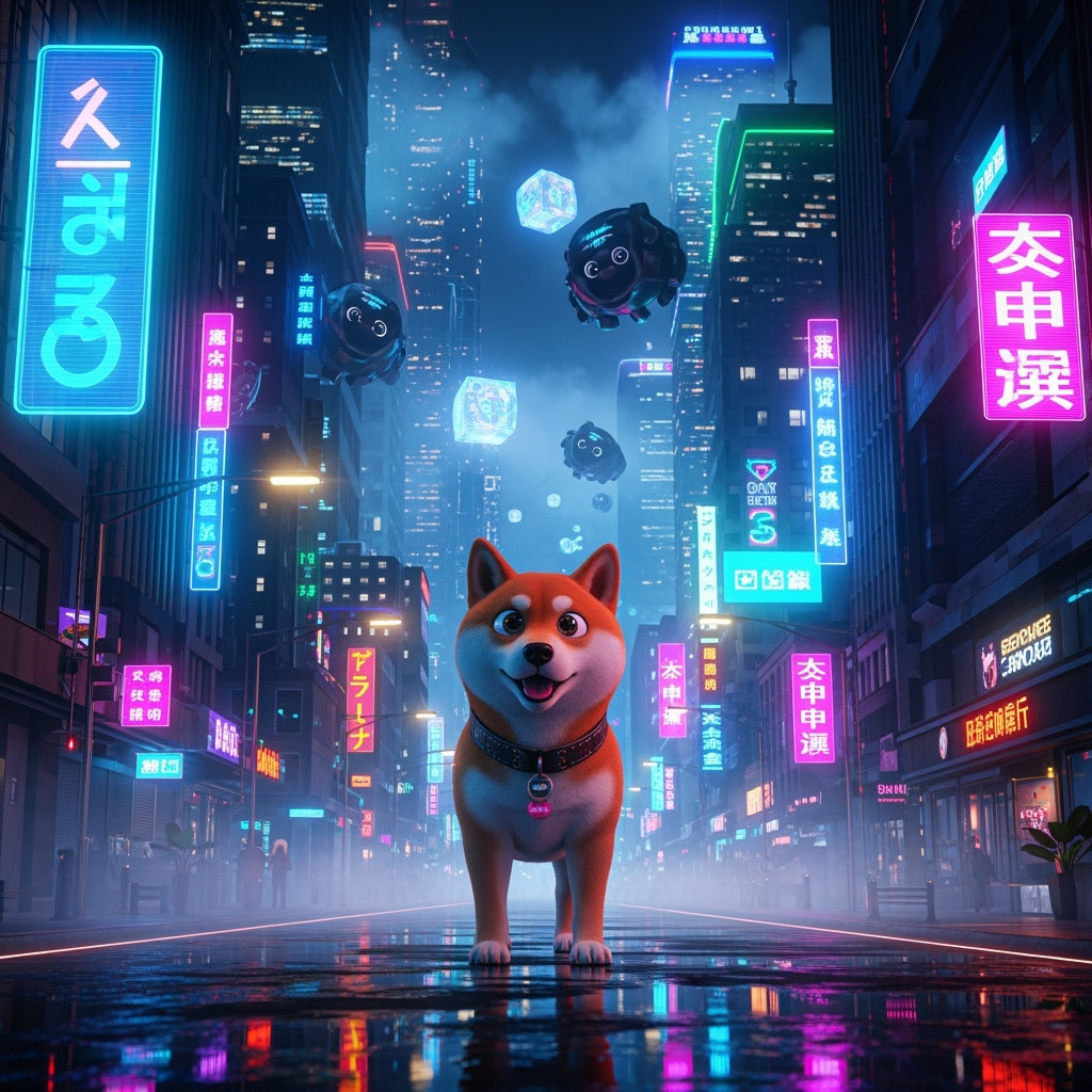 A Shiba Inu in a futuristic city (AI-generated surreal vibe).