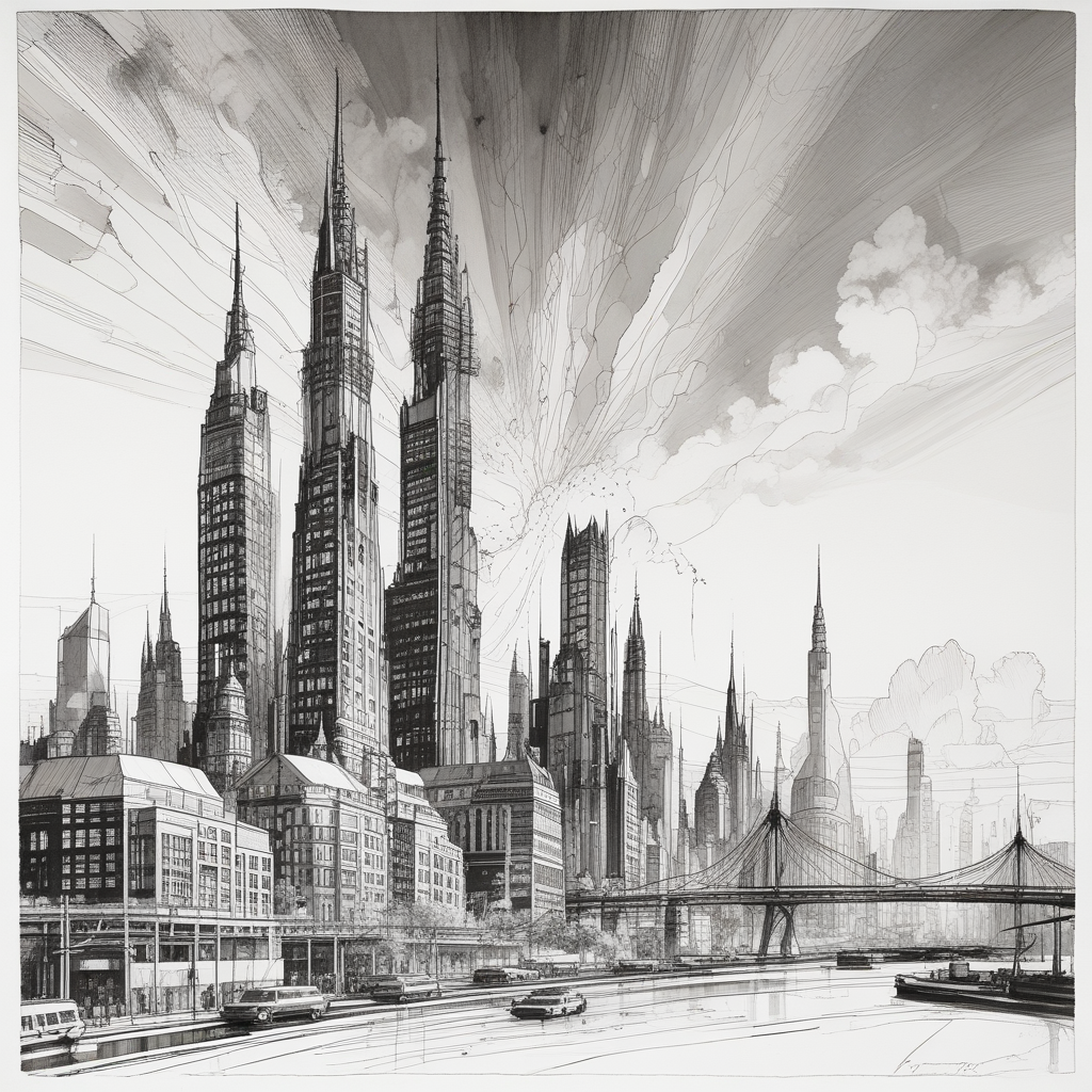 A massive, towering city skyline, dominated by gleaming spires of glass and steel, with occasional bursts of electric-blue energy arcing between the buildings.