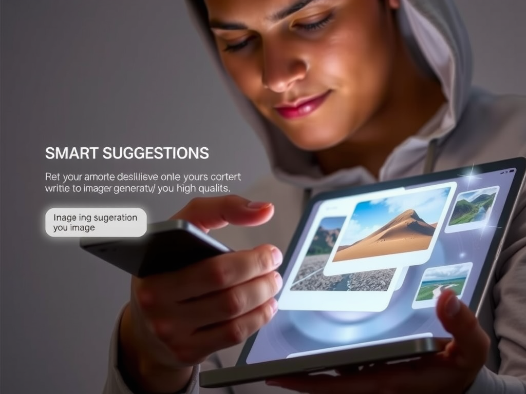 A user interacting with Apple AI Integration features on an iPad, with smart writing suggestions appearing on screen and an image generation interface open. Realistic, high-quality.