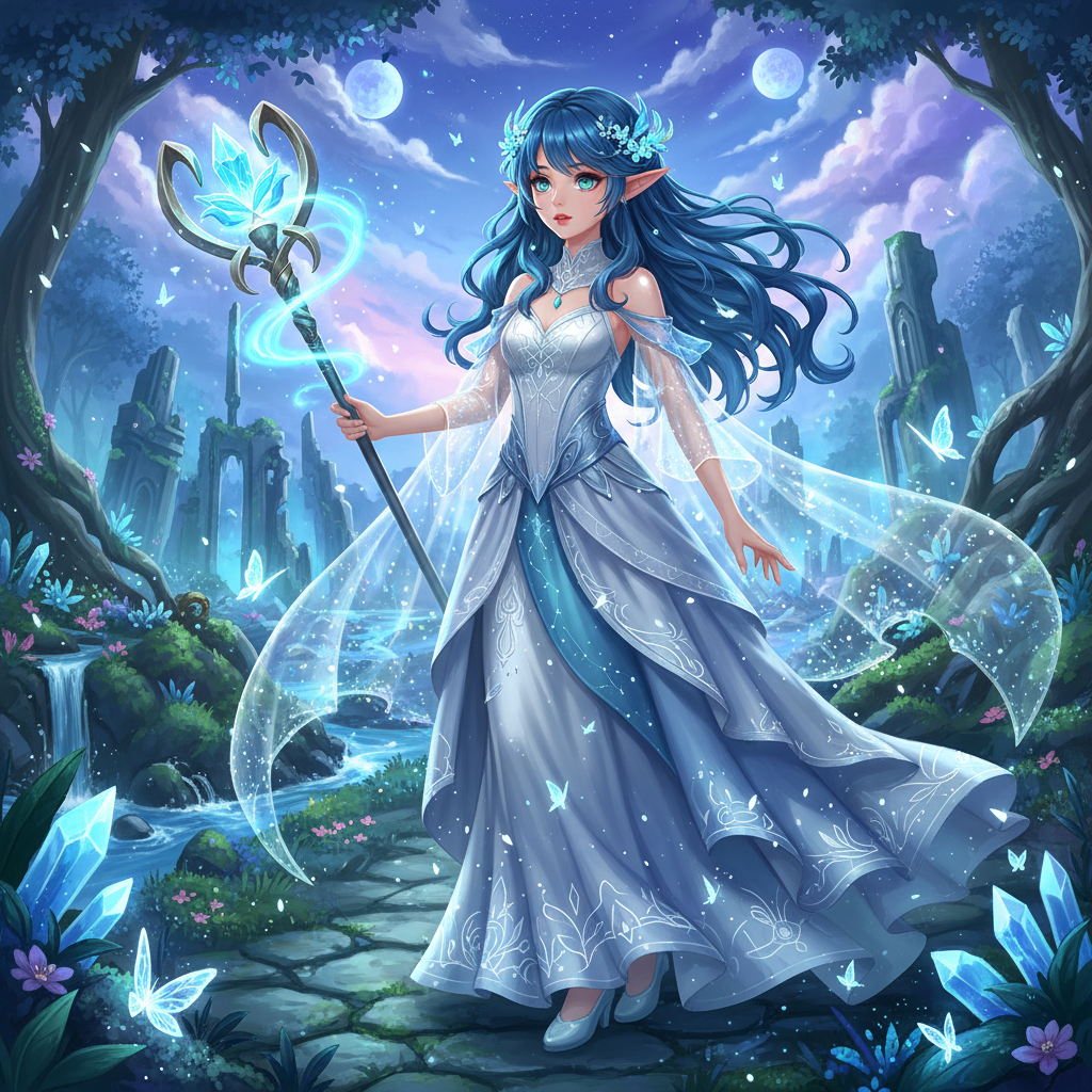 A detailed illustration of an anime character with blue hair.