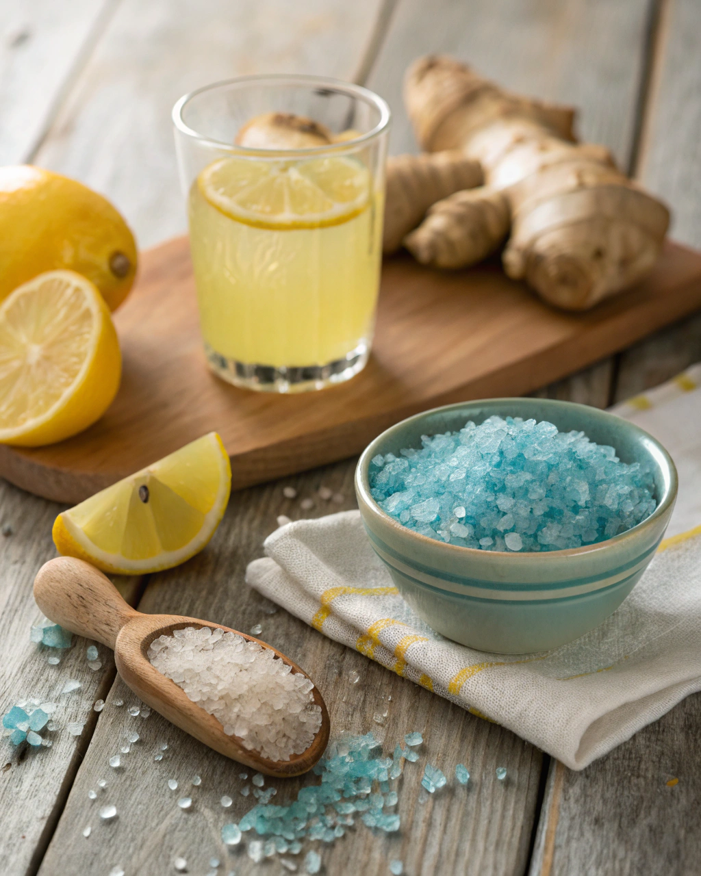 Blue Salt Trick ingredients laid out on clean white counter