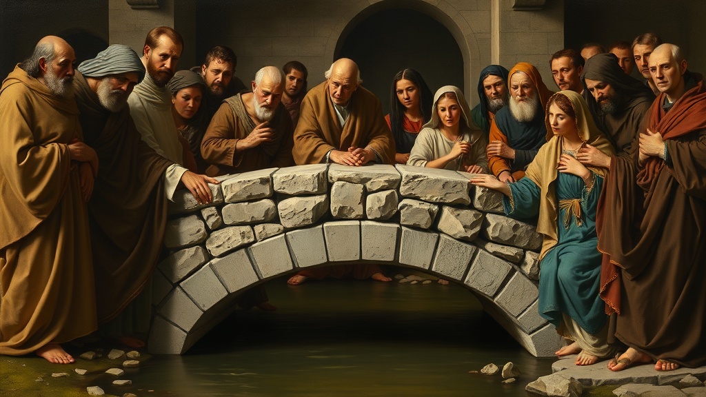 다양한 사람들이 함께 돌을 놓아 다리를 이어가며 협력과 화해를 표현하는 고전적 양식의 그림