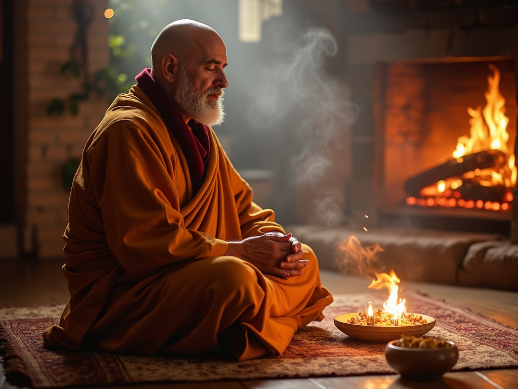 Meditating monk generating heat
