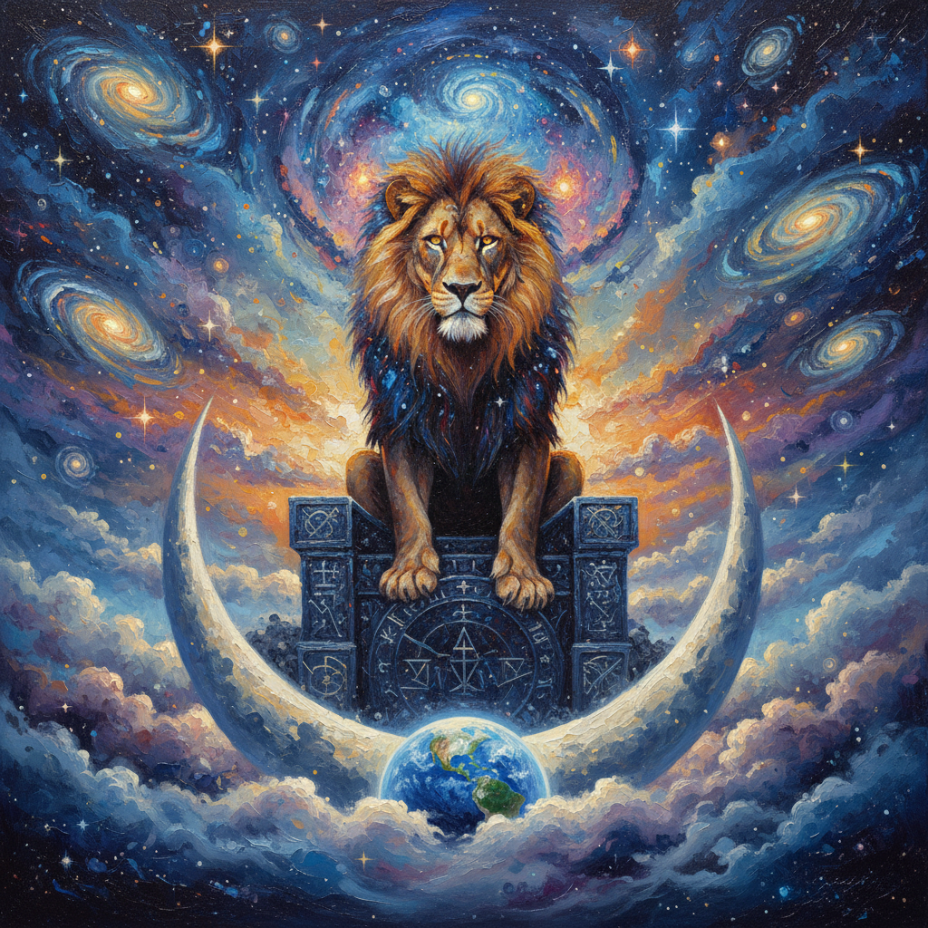 An oil painting of a majestic lion with a mane made of swirling galaxies and stars, sitting on a throne on the moon, looking down at Earth. Deep, rich colors, textured brushstrokes.