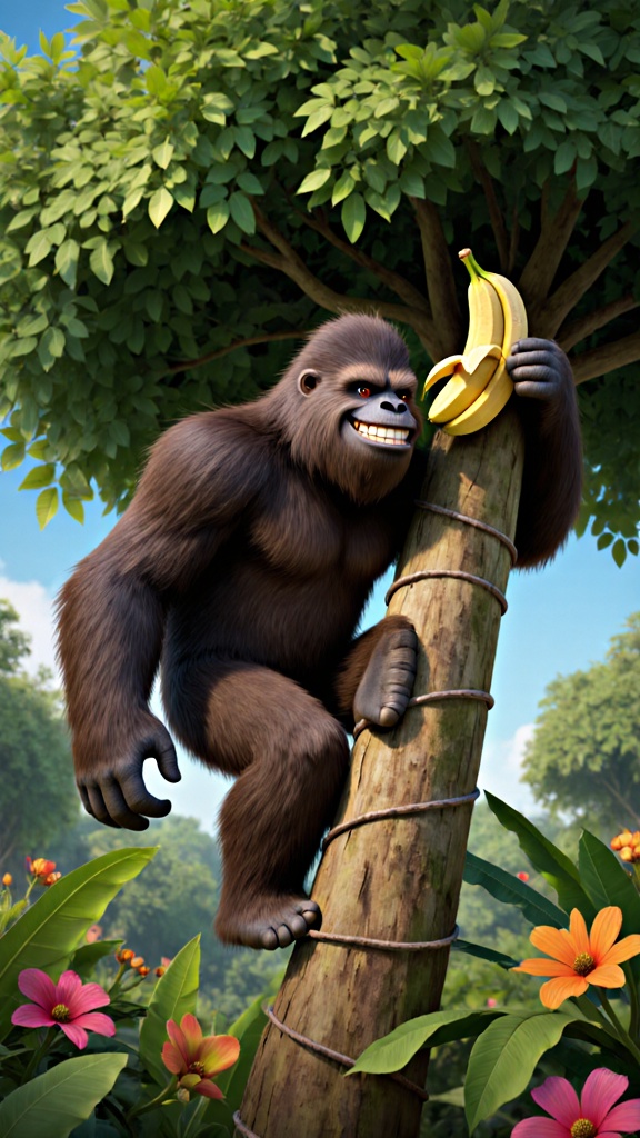 Crie um vídeo animado de um Pé Grande (Bigfoot) su