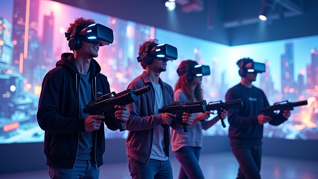 Equipo de 5 jugadores colaborando en una partida del hero shooter VR X8 en las instalaciones de Virtua Barcelona.