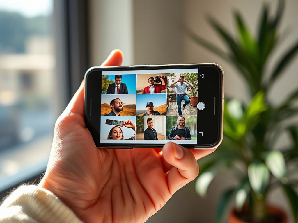 A person holding a modern smartphone displaying a vibrant photo gallery, emphasizing the creative potential of smartphone photography.