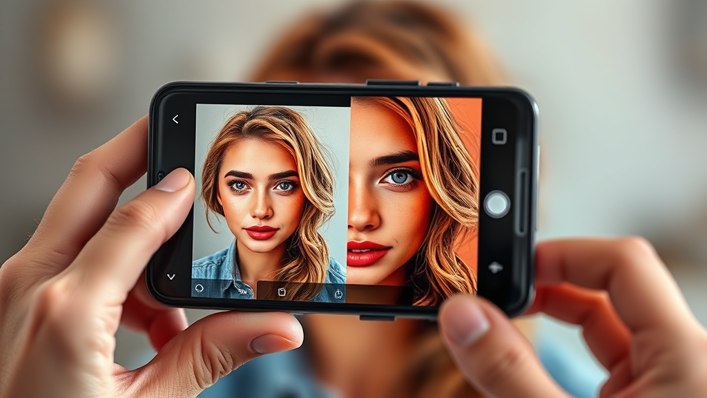 تصویری از یک فرد در حال ویرایش عکس با گوشی هوشمند خود با استفاده از هوش مصنوعی، نشان دهنده قبل و بعد واضح، با رنگ‌های زنده و نتایج حرفه‌ای، واقعی و با کیفیت بالا از آخرین اخبار گوشی هوشمند