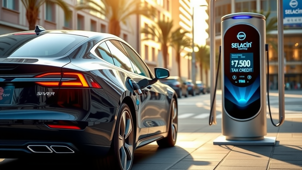 یک خودروی برقی مدرن در حال شارژ شدن در یک ایستگاه شارژ، با نمایشگر دیجیتالی که اعتبار مالیاتی EV 7,500 دلاری را نشان می‌دهد.