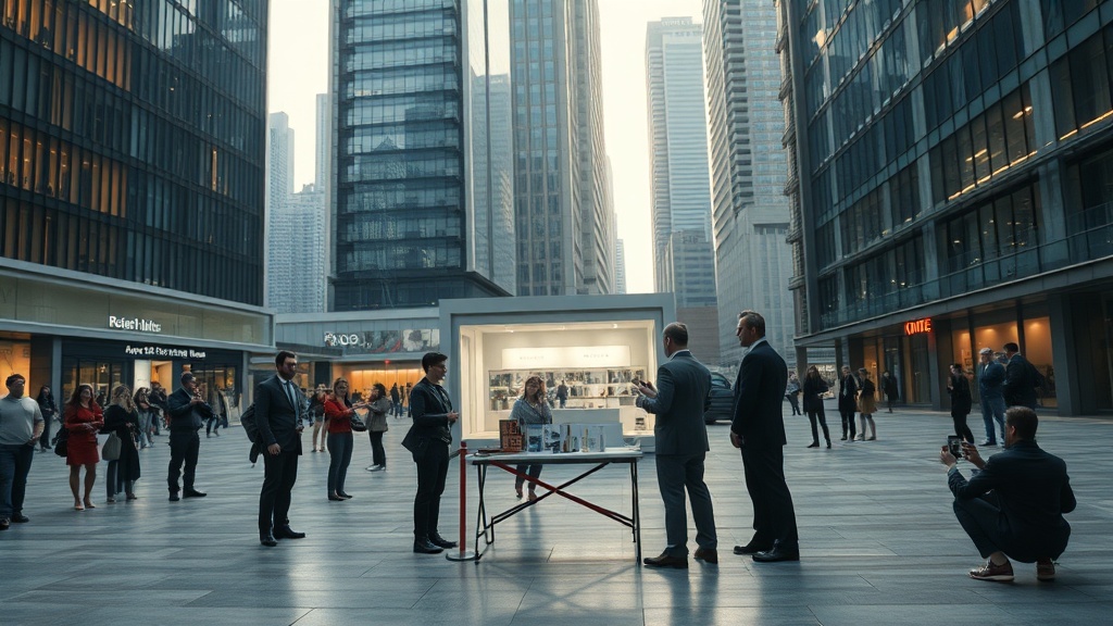 도시 분양 현장 앞에서 여러 사람이 서류와 대화를 나누는 긴장된 장면