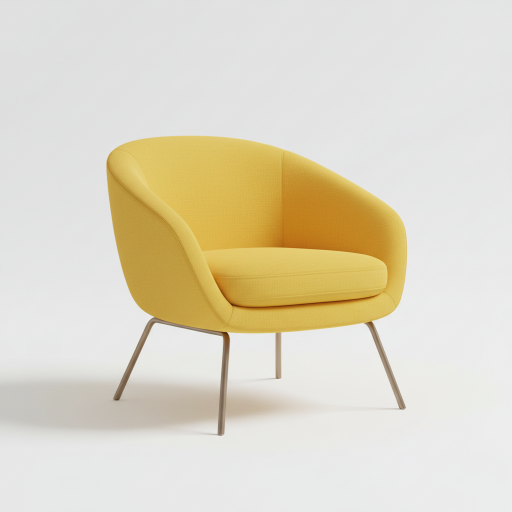 A studio shot of a modern, yellow armchair on a plain white background.