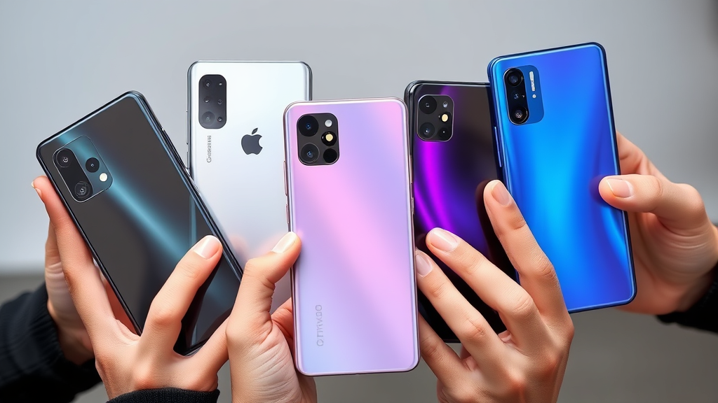 تصویر نزدیک از چندین گوشی هوشمند مدرن با طراحی‌های متفاوت و مواد ساخت متنوع از جمله شیشه، فلز و پلاستیک که در دست گرفته شده‌اند تا ارگونومی و زیبایی آن‌ها را نشان دهد. این تصویر بر اهمیت طراحی در بررسی گوشی موبایل تاکید دارد.