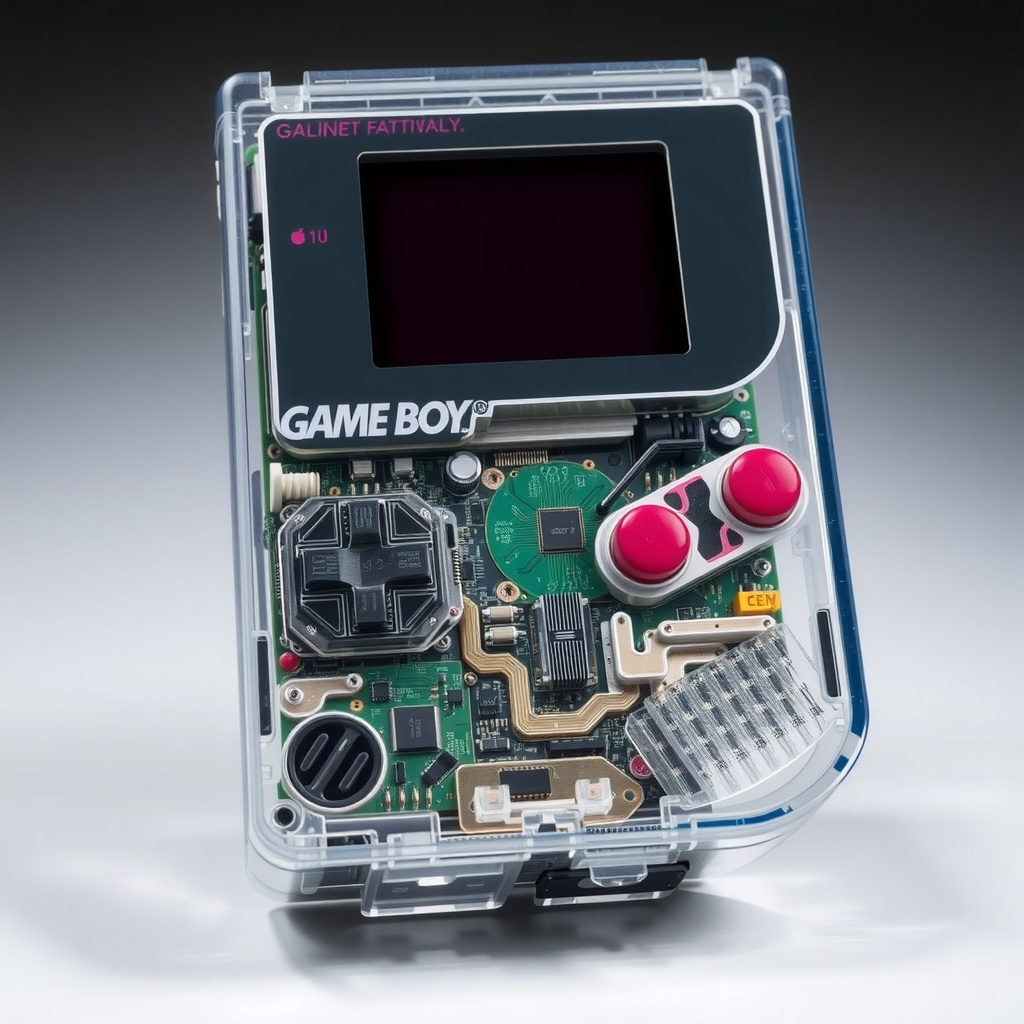 یک تصویر واقع‌گرایانه و باکیفیت که مدارهای داخلی پیچیده و اجزای گیم بوی شفاف را نشان می‌دهد و بر مهندسی دقیق آن تاکید دارد.