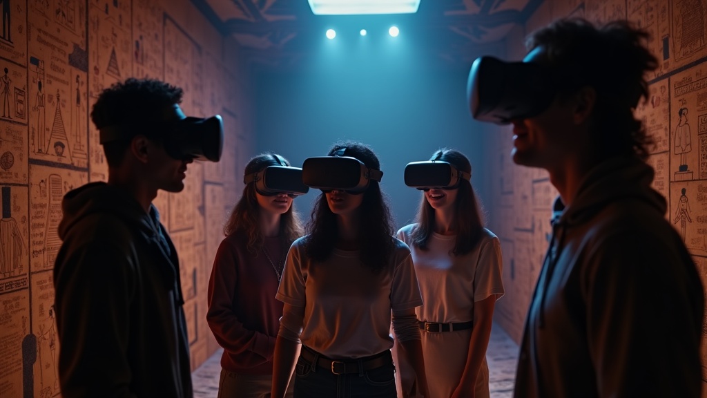 Jugadores colaborando dentro de la experiencia de realidad virtual Escape The Lost Pyramid en Virtua Barcelona.